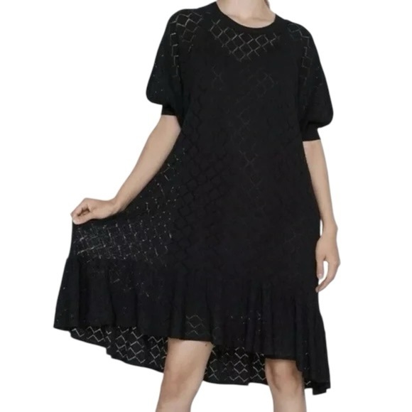Zara Open Knit Witchy Goth Black Puff Sleeves Ruffled Hem Midi Dress Women’s Med - Picture 1 of 11